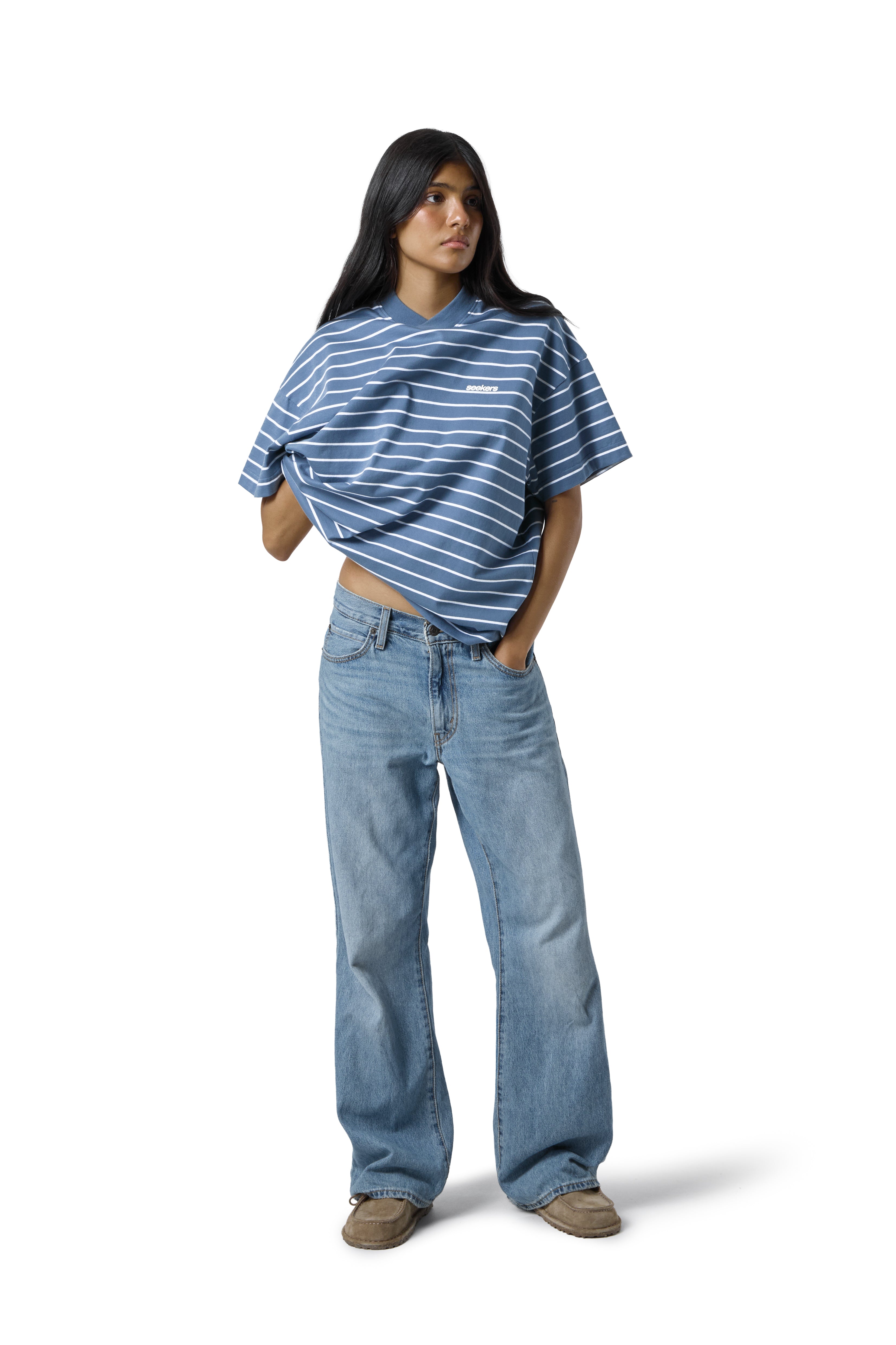 Devon Striped Oversized Tee in Blue Wash